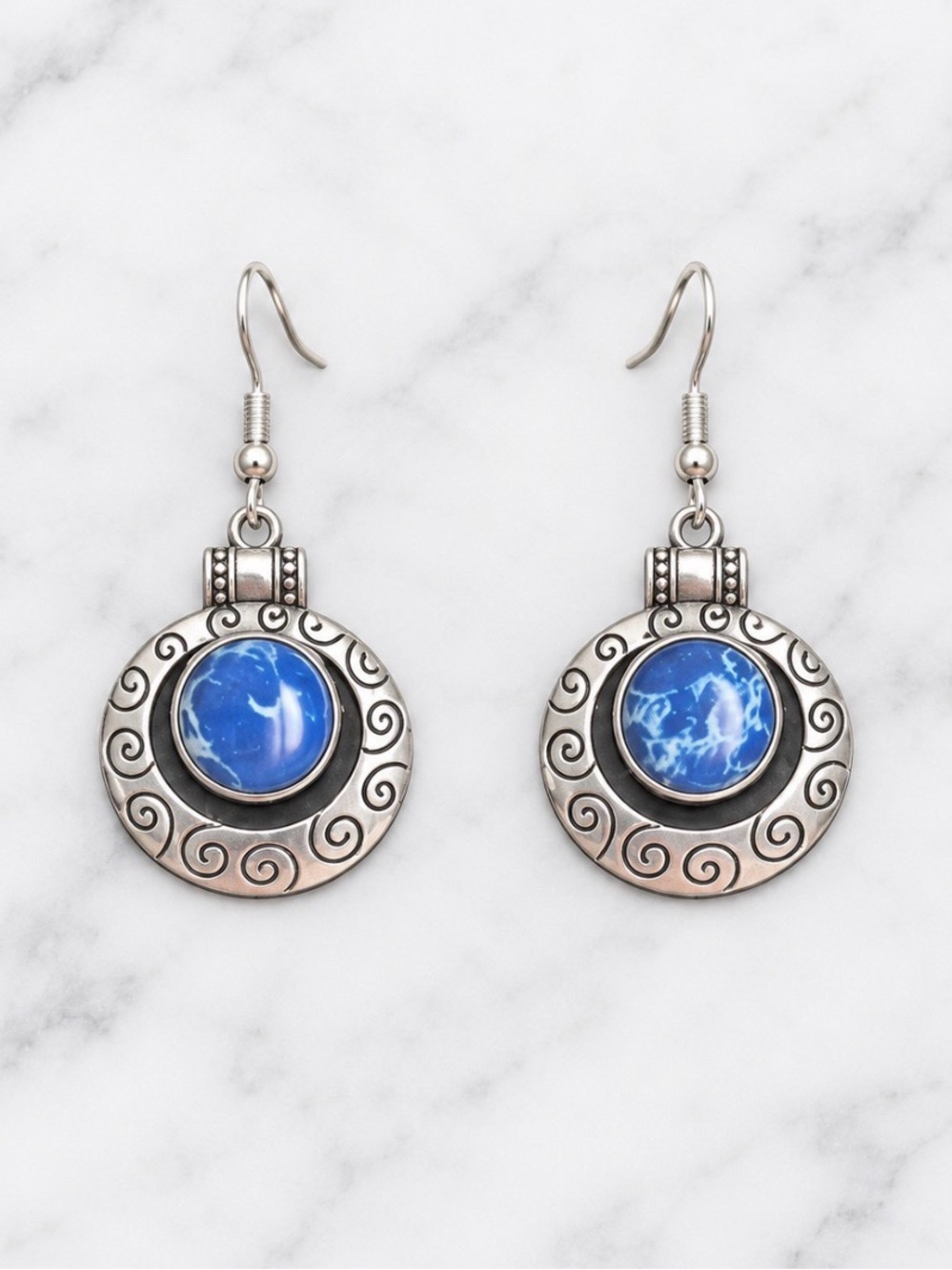 Silver-Tone Blue Stone Dangle Earrings-New